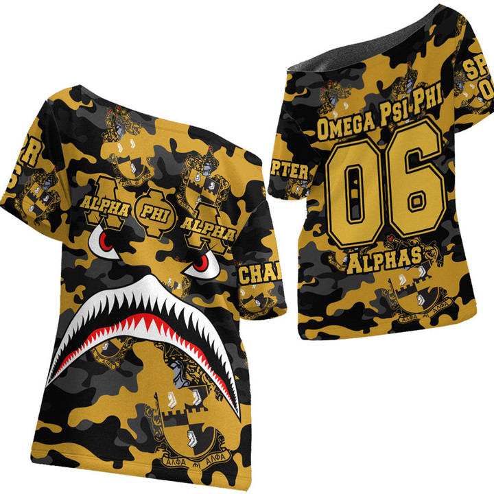 AmericansPower Clothing - Alpha Phi Alpha Full Camo Shark Off Shoulder T-Shirt A7 | AmericansPower