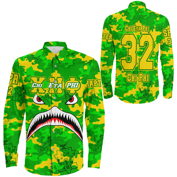AmericansPower Clothing - Chi Eta Phi Full Camo Shark Long Sleeve Button Shirt A7 | AmericansPower