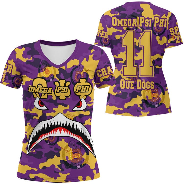 AmericansPower Clothing - Omega Psi Phi Full Camo Shark Rugby V-neck T-shirt A7 | AmericansPower