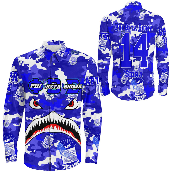 AmericansPower Clothing - Phi Beta Sigma Full Camo Shark Long Sleeve Button Shirt A7 | AmericansPower