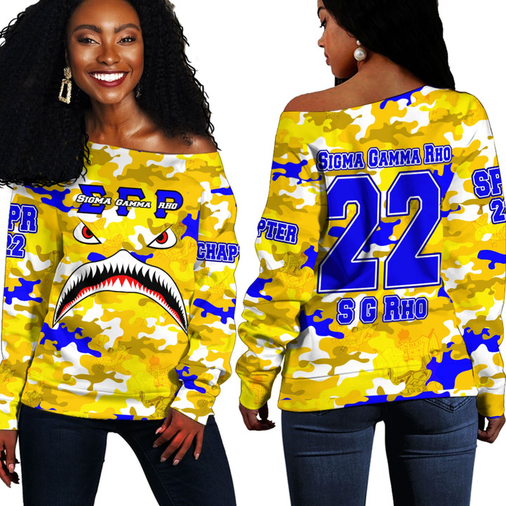 AmericansPower Clothing - Sigma Gamma Rho Full Camo Shark Off Shoulder Sweaters A7 | AmericansPower