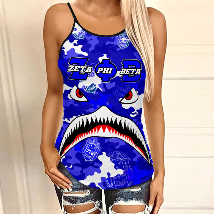 AmericansPower Clothing - Zeta Phi Beta Full Camo Shark Criss Cross Tanktop A7 | AmericansPower