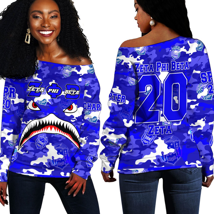 AmericansPower Clothing - Zeta Phi Beta Full Camo Shark Off Shoulder Sweaters A7 | AmericansPower