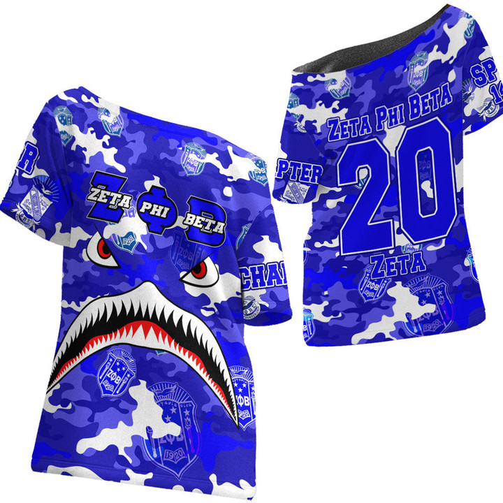 AmericansPower Clothing - Zeta Phi Beta Full Camo Shark Off Shoulder T-Shirt A7 | AmericansPower