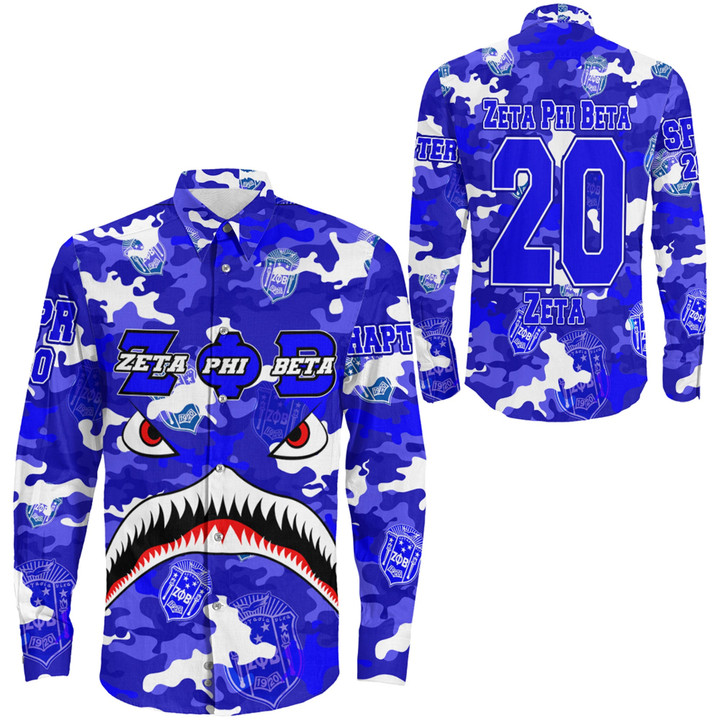 AmericansPower Clothing - Zeta Phi Beta Full Camo Shark Long Sleeve Button Shirt A7 | AmericansPower