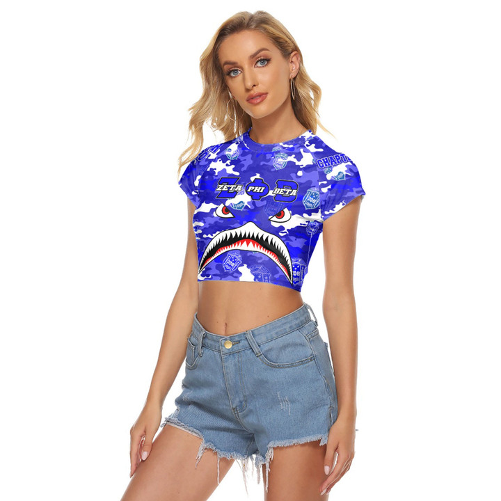 AmericansPower Clothing - Zeta Phi Beta Full Camo Shark Women's Raglan Cropped T-shirt A7 | AmericansPower