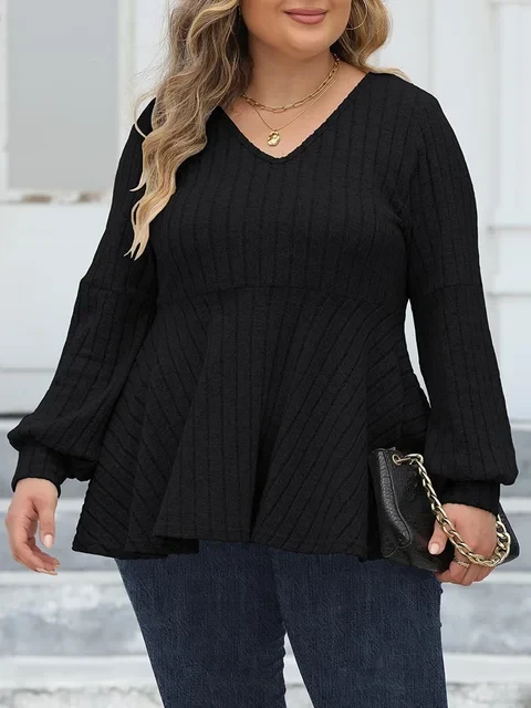 GIBSIE Plus Size Long Sleeve Tops for Women Spring Fall V Neck Peplum Tee Shirt Female Casual Ribbed Knit T-Shirts Clothes 2023