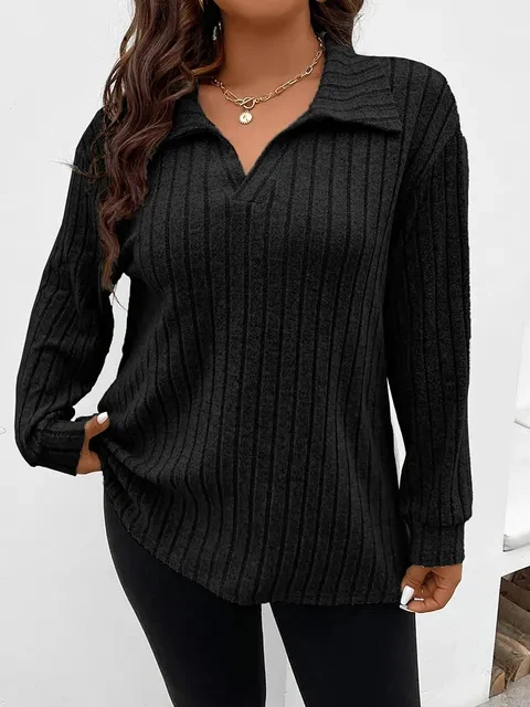 GIBSIE Plus Size Tshirt for Women Spring Fall Polo Collar Long Sleeve T-Shirt Female Casual Ribbed Knit Solid Tee Tops 2023