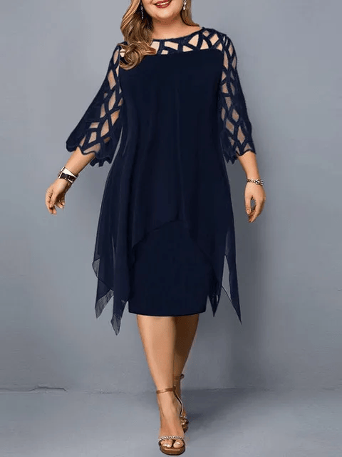 Elegant Midi Party Dress For Chubby Lace Sleeve Hollow Out Solid Women Xxl O Neck Sexy Women'S Clothing Evening Dresses 2023