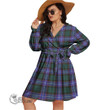 1stScotland Women's Clothing - MacArthur Modern Clan Tartan Crest Women's V-neck Dress With Waistband A7 | 1stScotland