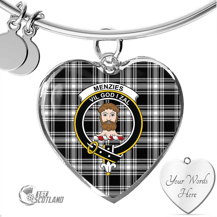 1stScotland Jewelry - Menzies Black White Modern Clan Tartan Crest Heart Bangle A7 | 1stScotland