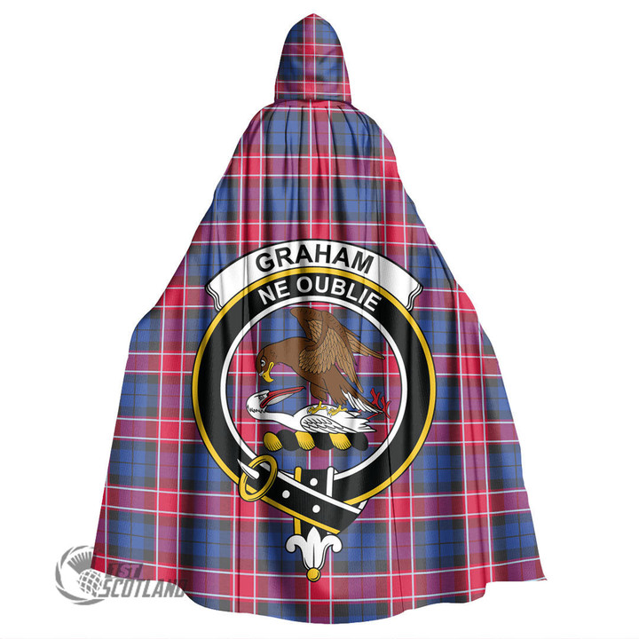 1stScotland Clothing - Graham of Menteith Red Clan Tartan Crest Unisex Hooded Cloak A7 | 1stScotland