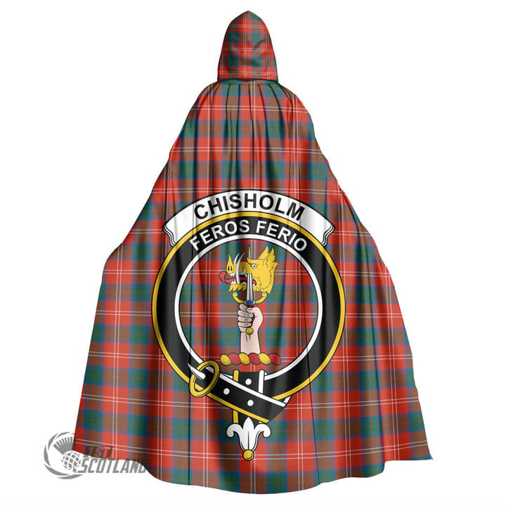 1stScotland Clothing - Chisholm Ancient Clan Tartan Crest Unisex Hooded Cloak A7 | 1stScotland