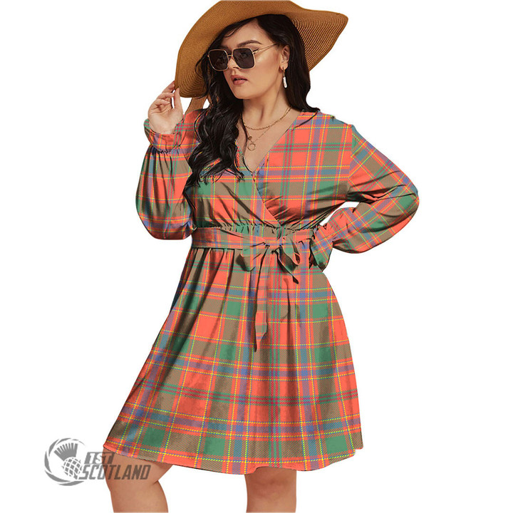 1stScotland Women's Clothing - Turnbull Hunting Clan Tartan Crest Women's V-neck Dress With Waistband A7 | 1stScotland