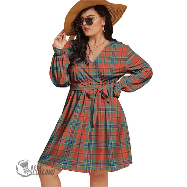 1stScotland Women's Clothing - Murray of Atholl Weathered Clan Tartan Crest Women's V-neck Dress With Waistband A7 | 1stScotland