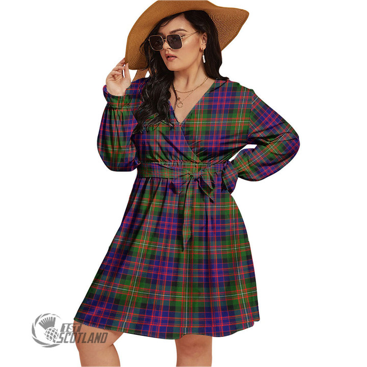 1stScotland Women's Clothing - MacLean Hunting Clan Tartan Crest Women's V-neck Dress With Waistband A7 | 1stScotland