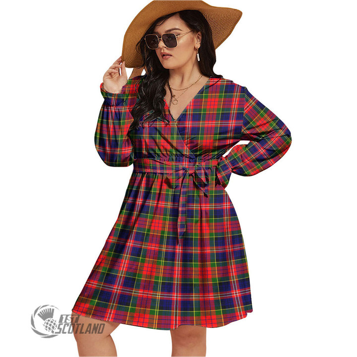 1stScotland Women's Clothing - Rose Hunting Ancient Clan Tartan Crest Women's V-neck Dress With Waistband A7 | 1stScotland