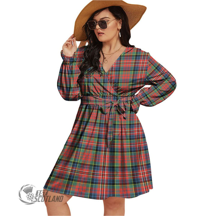 1stScotland Women's Clothing - Robertson Hunting Ancient Clan Tartan Crest Women's V-neck Dress With Waistband A7 | 1stScotland