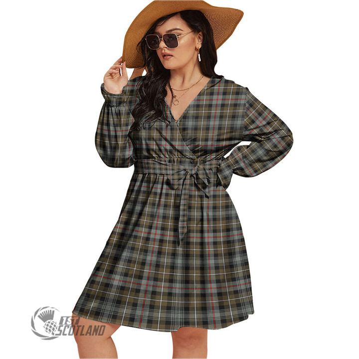 1stScotland Women's Clothing - Matheson Hunting Ancient Clan Tartan Crest Women's V-neck Dress With Waistband A7 | 1stScotland