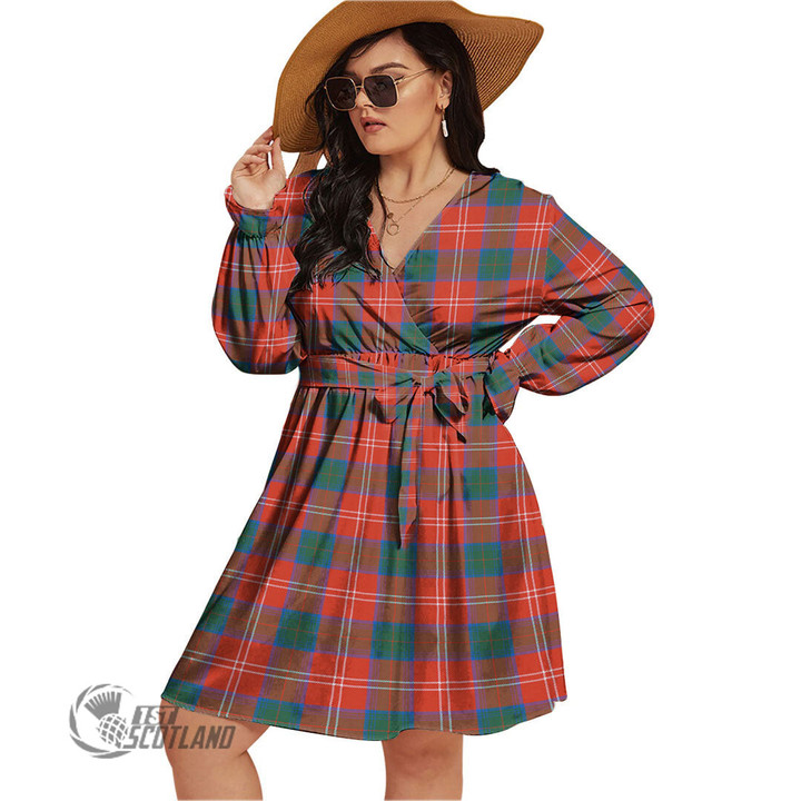 1stScotland Women's Clothing - Chisholm Ancient Tartan Women's V-neck Dress With Waistband A7 | 1stScotland