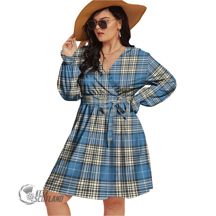 1stScotland Women's Clothing - Wallace Weathered Clan Tartan Crest Women's V-neck Dress With Waistband A7 | 1stScotland
