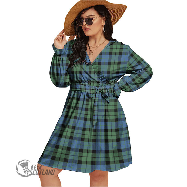 1stScotland Women's Clothing - MacRae Hunting Weathered Clan Tartan Crest Women's V-neck Dress With Waistband A7 | 1stScotland