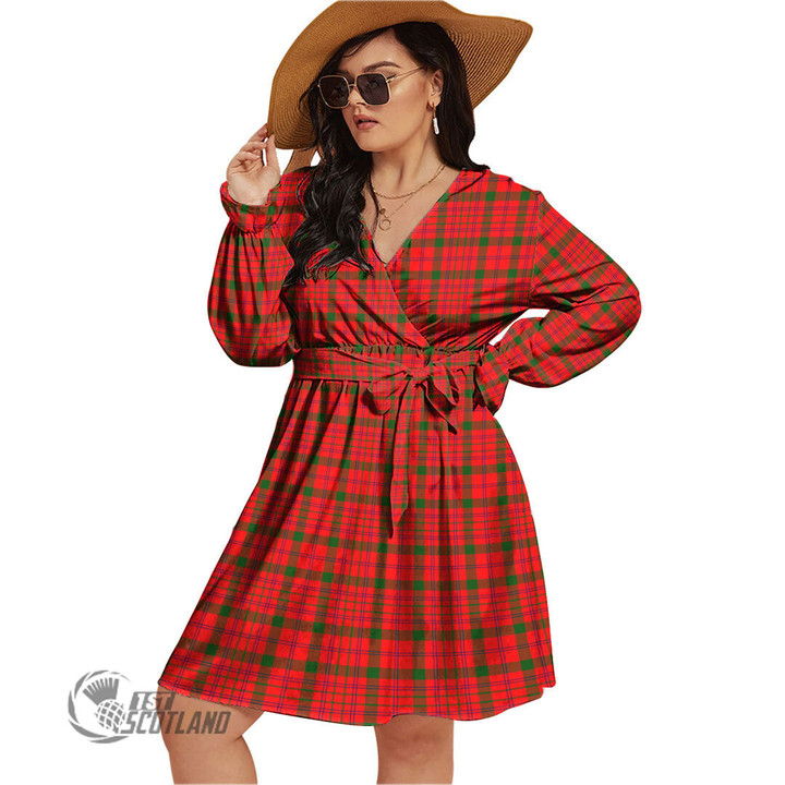 1stScotland Women's Clothing - MacLean Hunting Ancient Clan Tartan Crest Women's V-neck Dress With Waistband A7 | 1stScotland