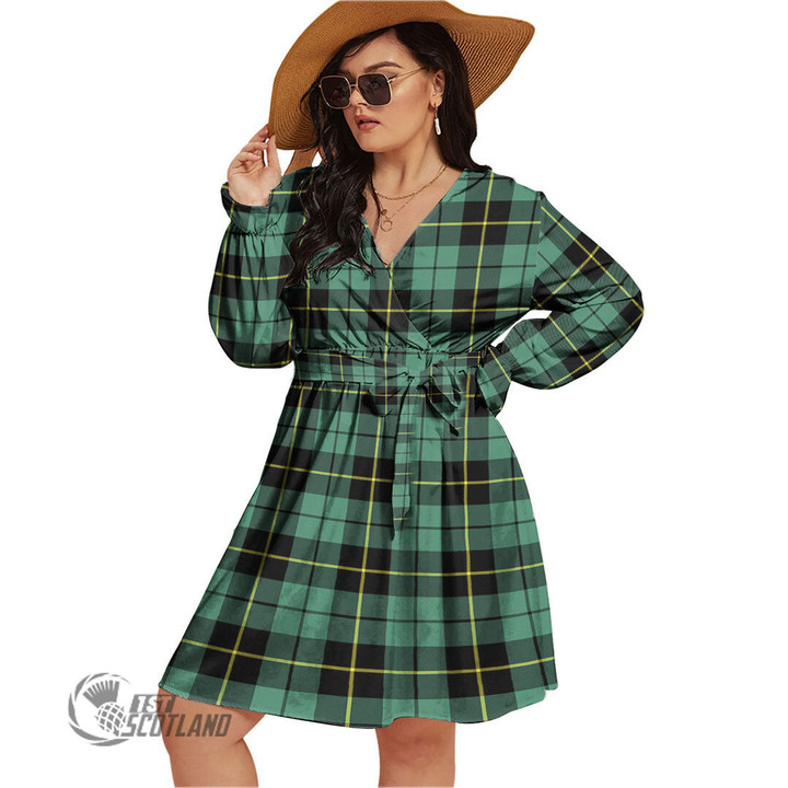 1stScotland Women's Clothing - Wallace Hunting Ancient Tartan Women's V-neck Dress With Waistband A7 | 1stScotland