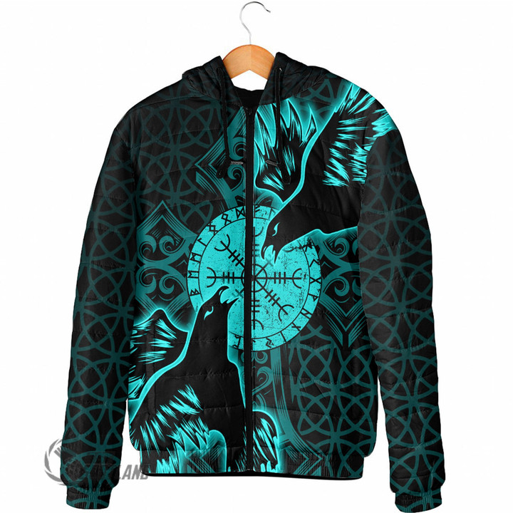 1stScotland Clothing - Viking Raven and Compass - Cyan Version - Hooded Padded Jacket A95 | 1stScotland