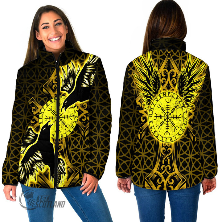1stScotland Clothing - Viking Raven and Compass - Gold Version - Women Padded Jacket A95 | 1stScotland