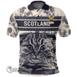1stScotland Clothing - Freke Family Crest Polo Shirt Scottish Fold Cat and Thistle Drawing Style A7
