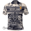1stScotland Clothing - Halkerston Family Crest Polo Shirt Scottish Fold Cat and Thistle Drawing Style A7