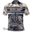 1stScotland Clothing - Forbes Family Crest Polo Shirt Scottish Fold Cat and Thistle Drawing Style A7