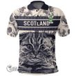1stScotland Clothing - Emslie Family Crest Polo Shirt Scottish Fold Cat and Thistle Drawing Style A7