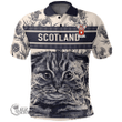 1stScotland Clothing - Geddes Family Crest Polo Shirt Scottish Fold Cat and Thistle Drawing Style A7