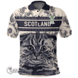 1stScotland Clothing - Irving Family Crest Polo Shirt Scottish Fold Cat and Thistle Drawing Style A7