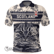 1stScotland Clothing - Garroway Family Crest Polo Shirt Scottish Fold Cat and Thistle Drawing Style A7