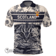 1stScotland Clothing - Fennison Family Crest Polo Shirt Scottish Fold Cat and Thistle Drawing Style A7