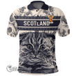 1stScotland Clothing - Dempster Family Crest Polo Shirt Scottish Fold Cat and Thistle Drawing Style A7
