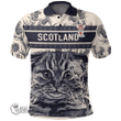 1stScotland Clothing - Moncreiff Family Crest Polo Shirt Scottish Fold Cat and Thistle Drawing Style A7