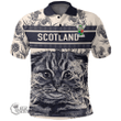 1stScotland Clothing - MacQuarrie or MacGuarie Family Crest Polo Shirt Scottish Fold Cat and Thistle Drawing Style A7