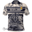 1stScotland Clothing - Fairholm Family Crest Polo Shirt Scottish Fold Cat and Thistle Drawing Style A7