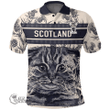 1stScotland Clothing - Mowat Family Crest Polo Shirt Scottish Fold Cat and Thistle Drawing Style A7
