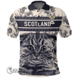 1stScotland Clothing - Pumfrey Family Crest Polo Shirt Scottish Fold Cat and Thistle Drawing Style A7