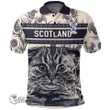 1stScotland Clothing - Pilmure Family Crest Polo Shirt Scottish Fold Cat and Thistle Drawing Style A7