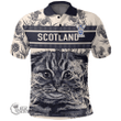 1stScotland Clothing - Ochterlony Family Crest Polo Shirt Scottish Fold Cat and Thistle Drawing Style A7
