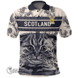 1stScotland Clothing - Strachan Family Crest Polo Shirt Scottish Fold Cat and Thistle Drawing Style A7