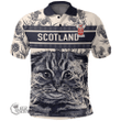 1stScotland Clothing - MacAuley Family Crest Polo Shirt Scottish Fold Cat and Thistle Drawing Style A7
