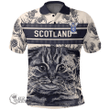 1stScotland Clothing - Lamont Family Crest Polo Shirt Scottish Fold Cat and Thistle Drawing Style A7
