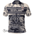 1stScotland Clothing - Mitchelson Family Crest Polo Shirt Scottish Fold Cat and Thistle Drawing Style A7